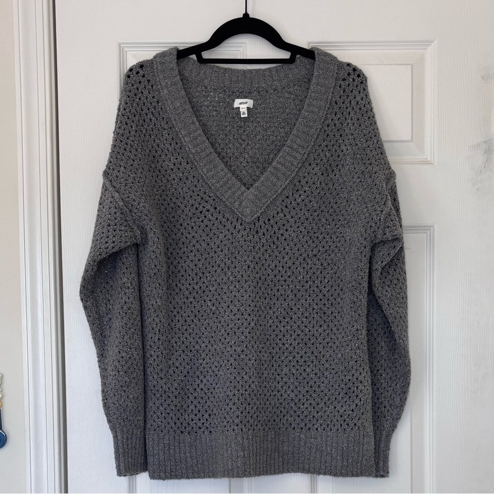 Aerie Open Knit Oversized V Neck Sweater with Split Sides
